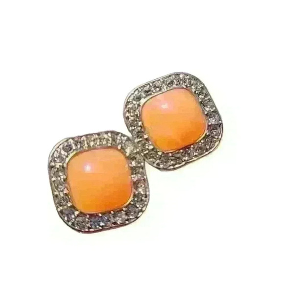 VINTAGE salmon stones with gold tone rehnistones stud  earrings - Picture 15 of 17